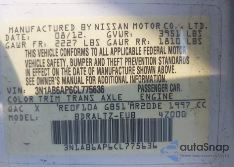 2012 Nissan Sentra 2.0 S z USA, uszkodzony, nr VIN 3N1AB6AP6CL775636